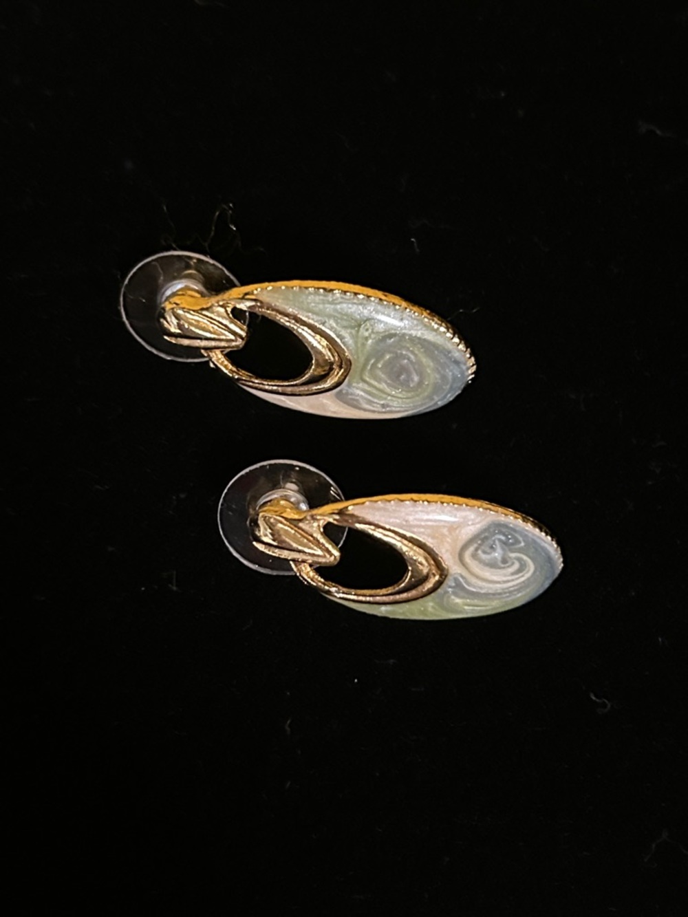 Gold-Tone Swirl Enamel Drop Earrings in Iridescent White-Green